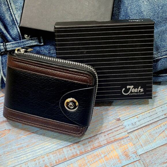 Zipper Wallet for Men Faux Leather Zip Around Black Purse Bifold In Gift Box. - Picture 2 of 6